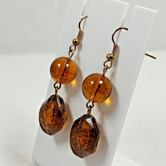 Amber Tone Necklace Earrings Set Faceted Beads Gold Chain Statement 16" - 19" - Picture 6 of 16